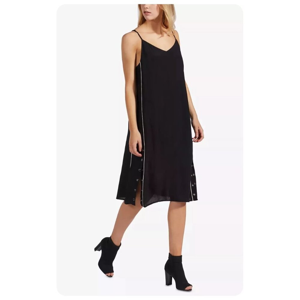 !! Avec Les Felles Black Piped Snap Hem Spaghetti Strap Midi Dress sz S